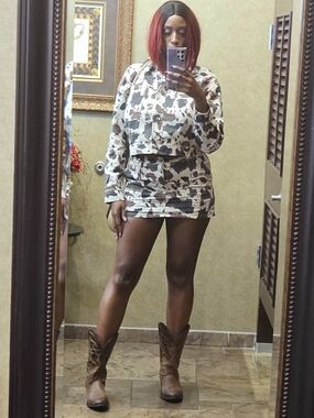 Cow Print Matching Crop Jacket & Mini Skirt Set - Brown & Cream